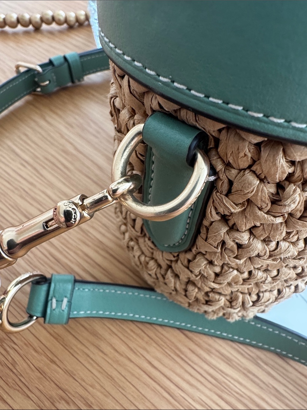Coach Straw Crossbody with Green Leather Trim and Gold Hardware - Picture 5 of 7